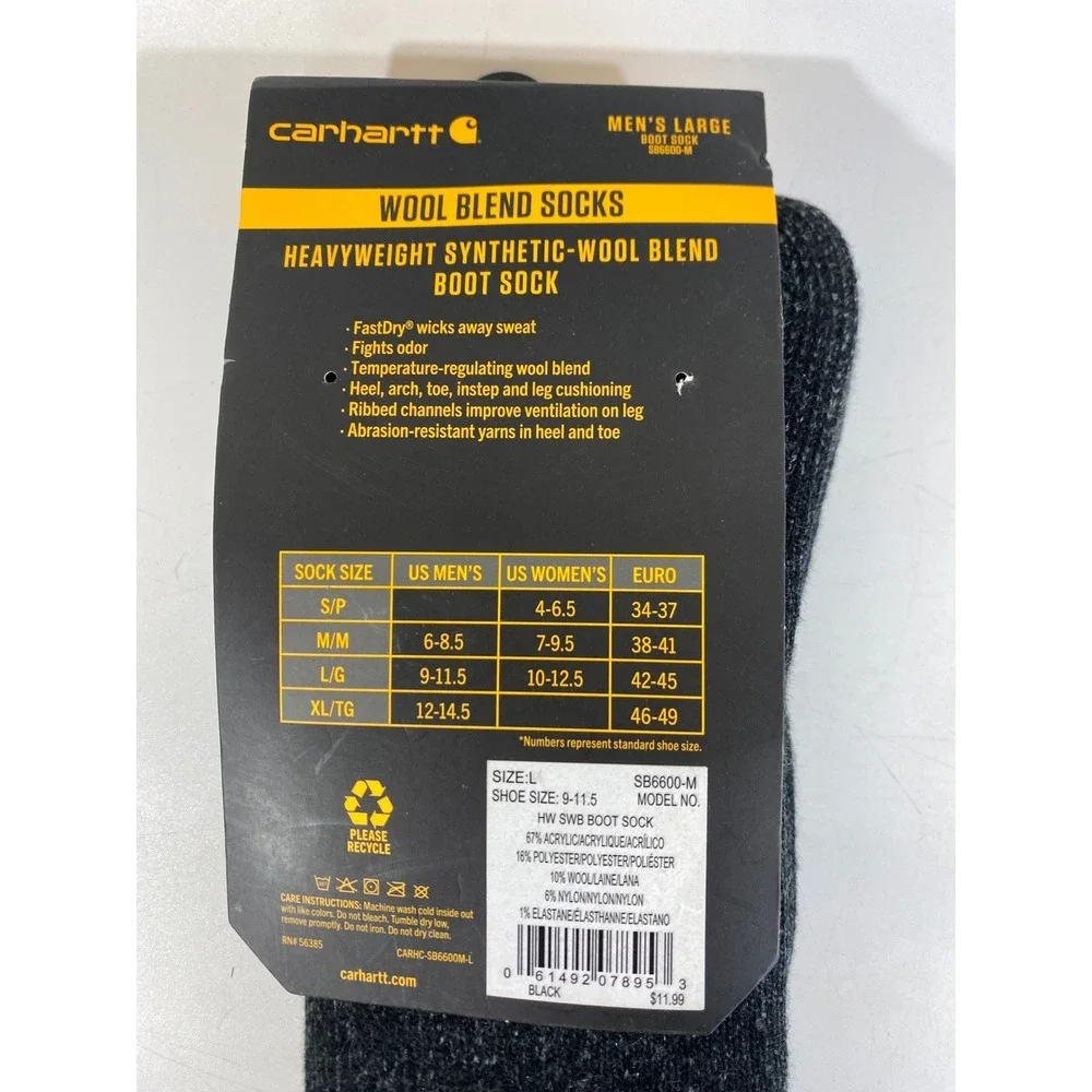 Carhartt Mens Heavyweight Wool Blend Boot Socks Black SB6600-M Size Large 1 Pair